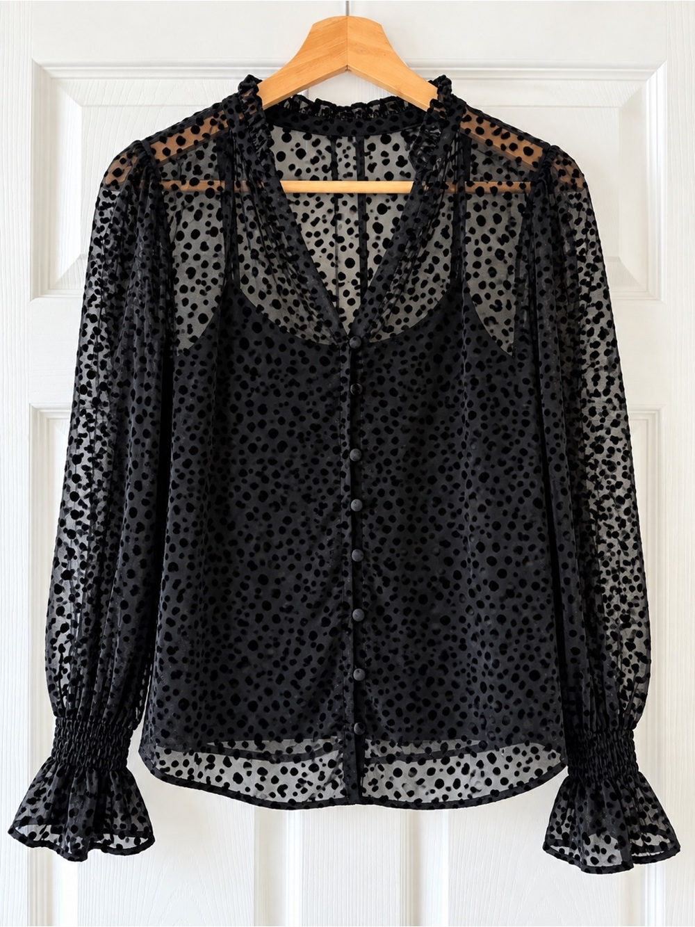 Boden Black Flocked Polka Dot Sheer Blouse